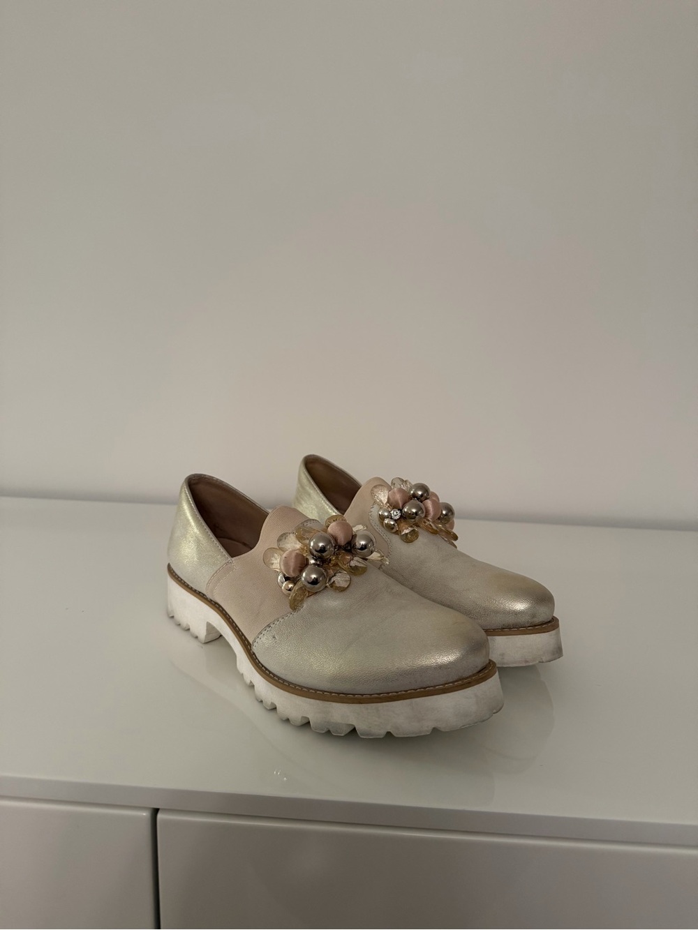 Pearl-Embellished Cream Women’s Slip-On Dress Loafers